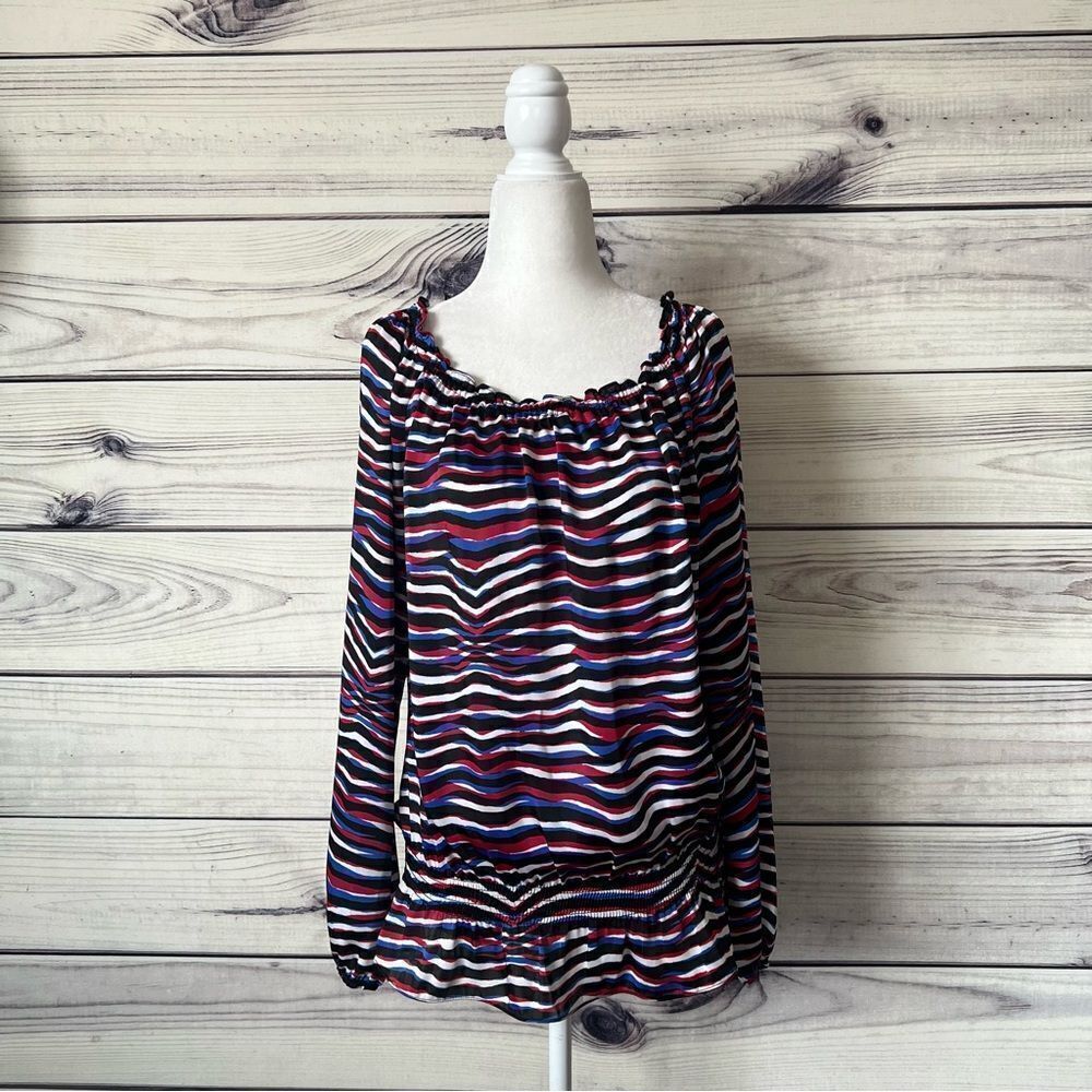 Michael Kors Red, Blue & Black Striped Wide Neck Blouse